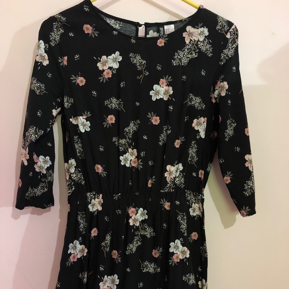 Black Floral Print Medium Sleeve Dress